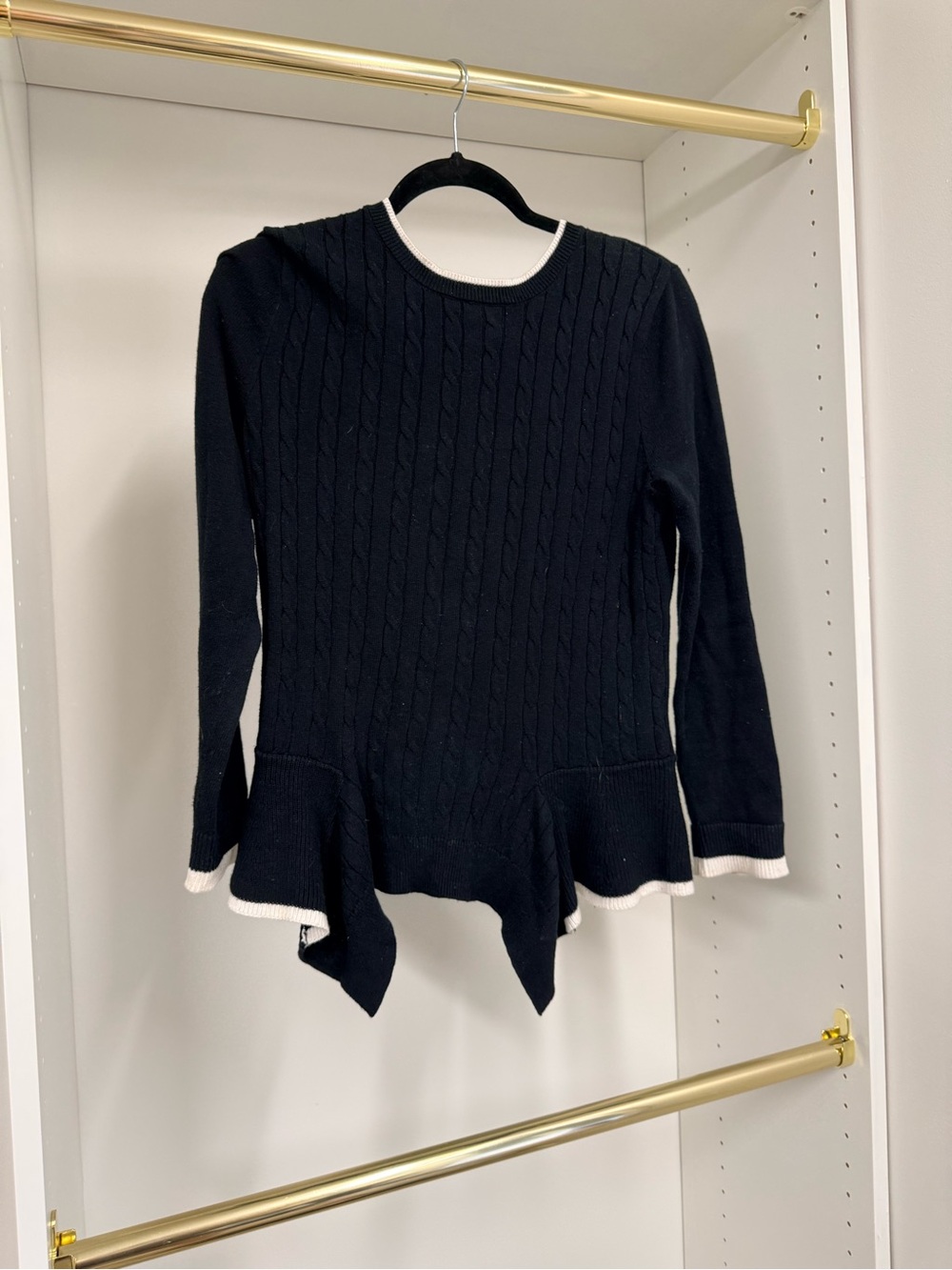 525 America Black Cable-Knit Peplum Sweater with White Trim